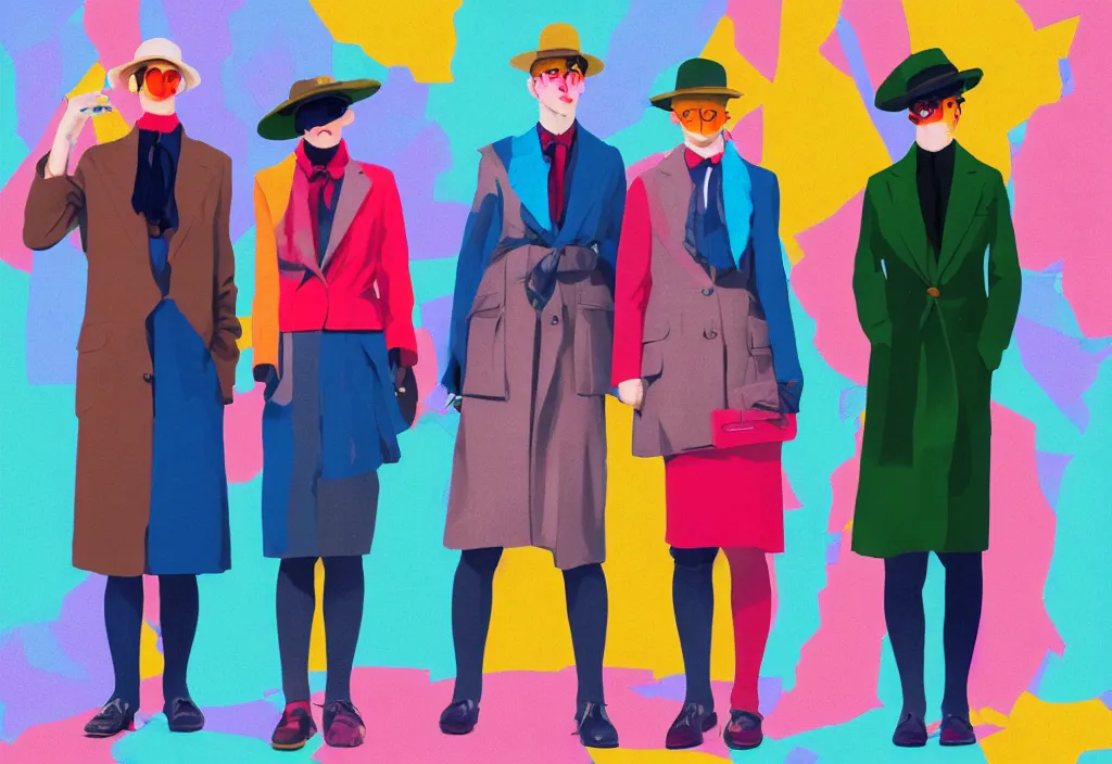 Image similar to full body portrait of a trio of young fashionable european tourists long pattern coat travel apparel, with nikon cameras, sightseeing various poses shooting photos, character designs painting, in the style of wes anderson, rene magritte, lola dupre, david hockney, isolated on white background, dark monochrome neon spraypaint accents volumetric octane render