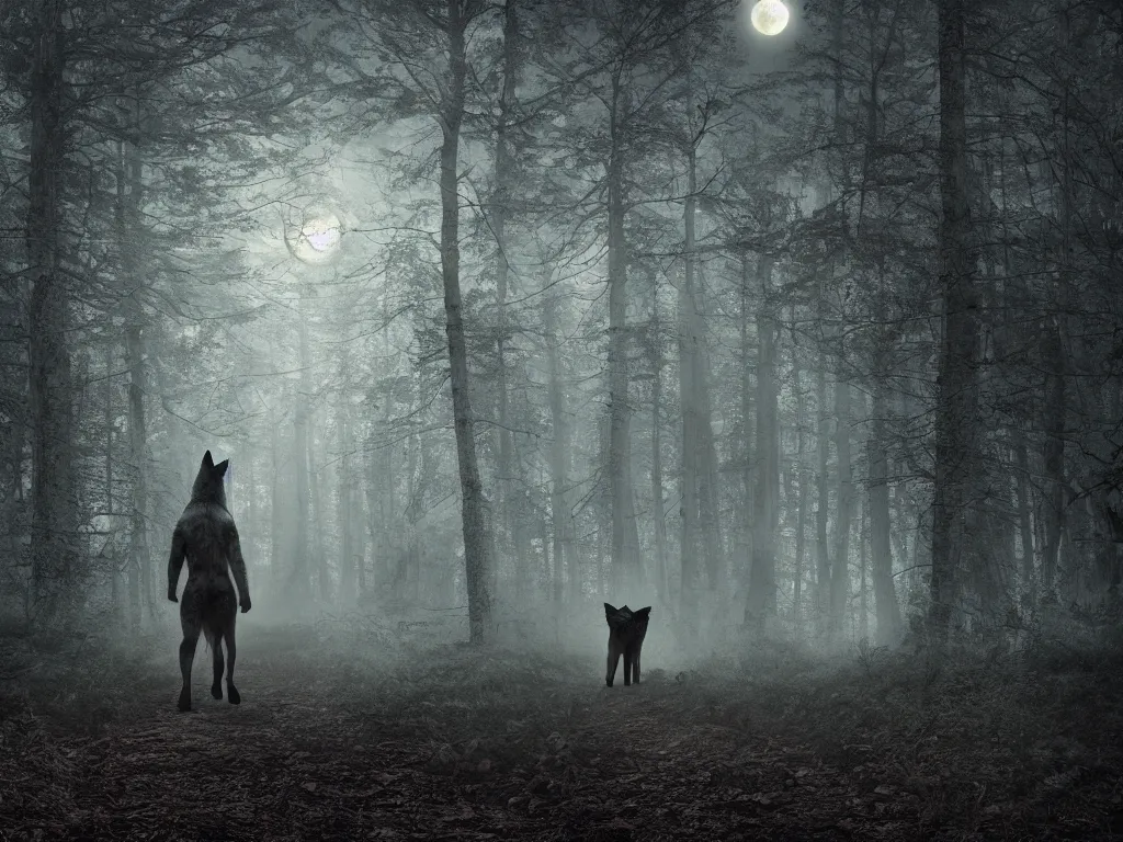 Image similar to a large wolf walking on a dark path through the forest at night under a full moon, 4 k, photorealistic, matte painting,