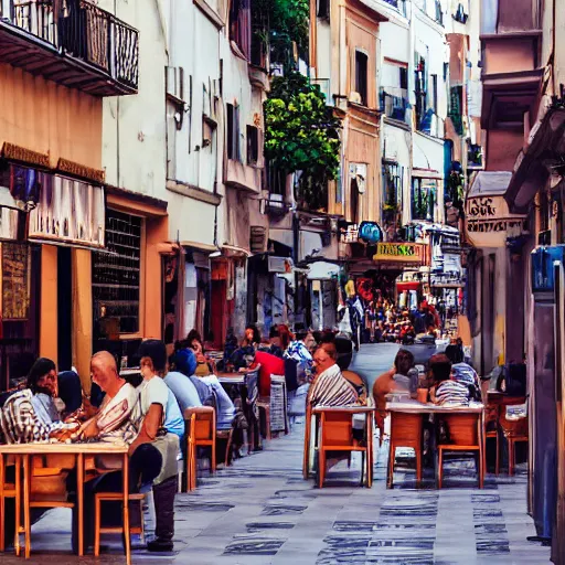 Image similar to a busy side street in valencia, people outside eating meals, taverns nighttime lifestyle, photorealistic