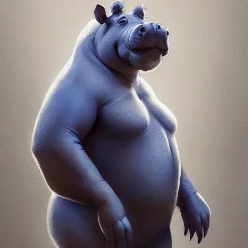 Image similar to a award winning commission portrait of a fit anthro hippo wearing a blue tracksuit,digital art,art by greg rutkowski,character design by charles bowater,detailed face,hyperdetailed,photorealistic,artstation,deviantart,4k,western comic art,sharp,high definition