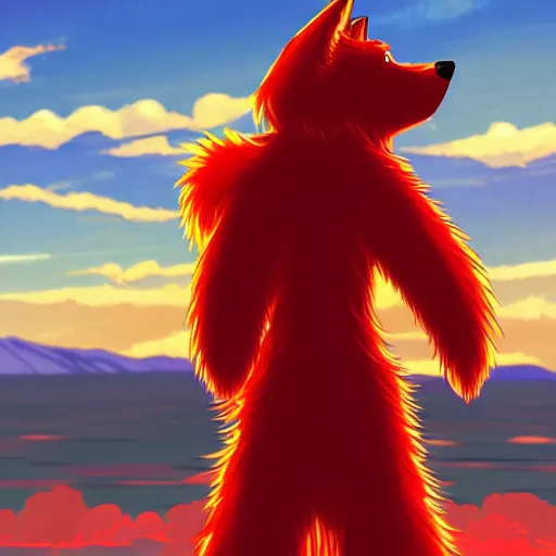 Prompt: a red furry wolf in a red and yellow hoodie, anime, ultra HD, pleasant