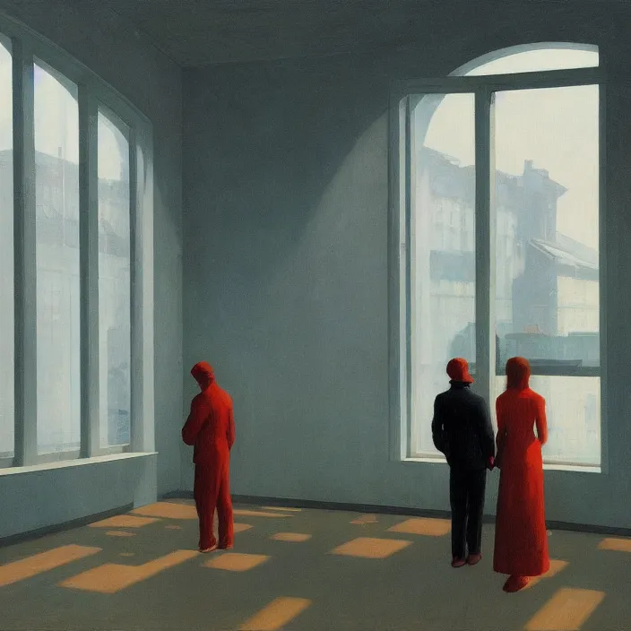 Image similar to wide angle, people inside flooded museum looking through the window Edward Hopper and James Gilleard, Zdzislaw Beksinski, highly detailed