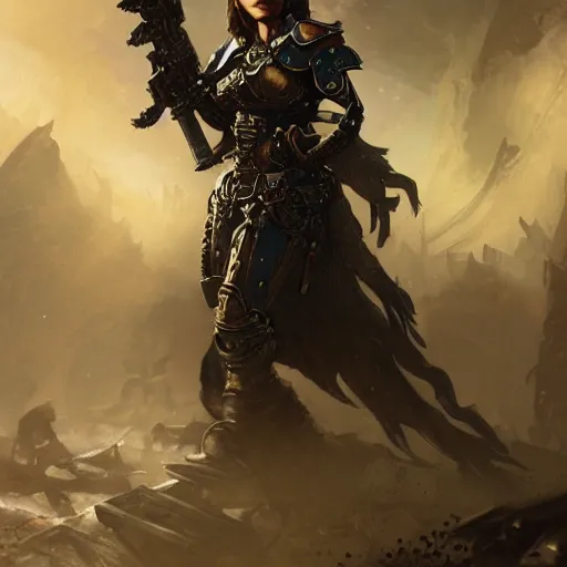 Image similar to Katherine Heigl as a warhammer 40k marine in a Skyrim loading screen, gorgeous, beautiful, intricate, highly detailed, digital painting, artstation, oppressive lighting, concept art, sharp focus, illustration, art by greg rutkowski and alphonse mucha