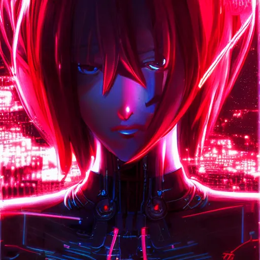 Image similar to digital anime, cyborg - girl refracting reality, black red long hair!, biomechanical details, neon background lighting, reflections, wlop, ilya kuvshinov, artgerm