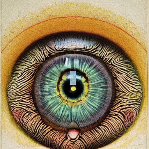 Prompt: a beautiful print a large eye that is looking directly at the viewer. the eye is composed of a myriad of colors and patterns, and it is surrounded by smaller eyes. the smaller eyes appear to be in a state of hypnosis, and they are looking in different directions. by carl spitzweg, by catrin welz - stein rigorous