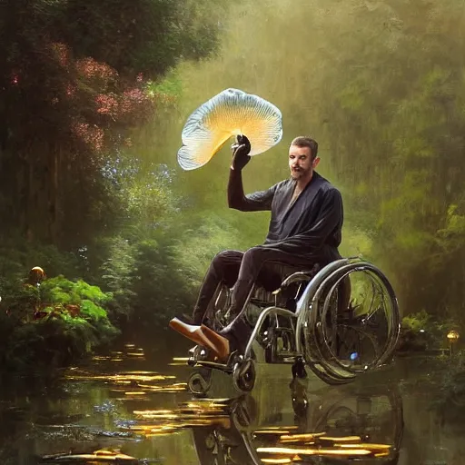 Image similar to handsome portrait of a wheelchair guy fitness posing, radiant light, caustics, war hero, smooth, one legged amputee, reflective koi pond, party balloons, white orchids, mushrooms, lush garden surroundings, by gaston bussiere, bayard wu, greg rutkowski, giger, maxim verehin