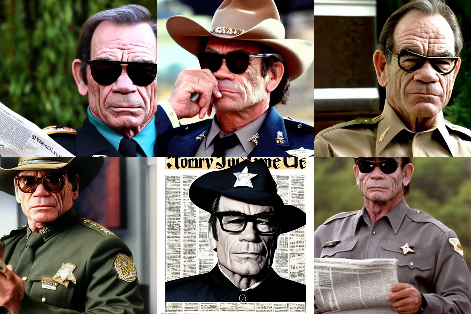 Prompt: tommy lee jones wearing a tan sheriff uniform and half - frame glasses, looking up from reading a newspaper with an annoyed expression