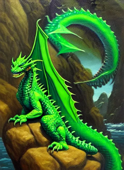 Image similar to “oil painting of green dragon with pointed tail sitting on a rocky outcropping in the style of Darrell K. Sweet”