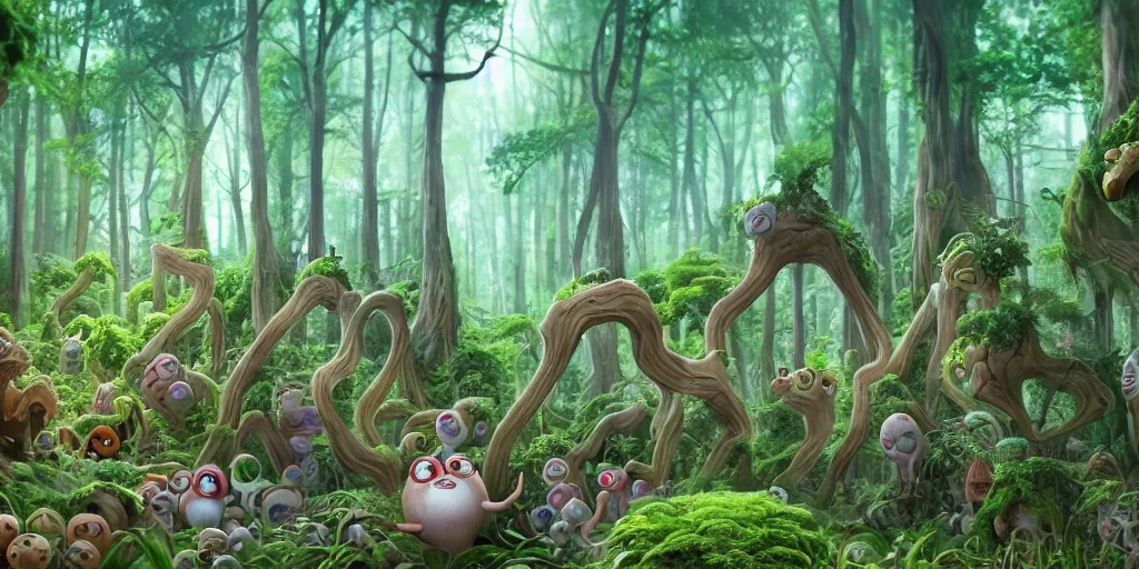 Image similar to of an intricate forest with strange cute friendly happy creatures with huge eyes, mouth, long tongue, round teeth and goofy face, appearing from the background, in the style of gehry and gaudi, macro lens, shallow depth of field, ultra detailed, digital painting, trending artstation, concept art, illustration, cinematic lighting, photorealism, epic, octane render