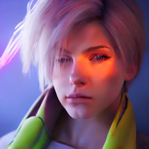 Prompt: Annie Leonhart in a neon city, octane render 8k, photorealistic render, atmospheric render, beautiful face, cute, love tension, realistic skin