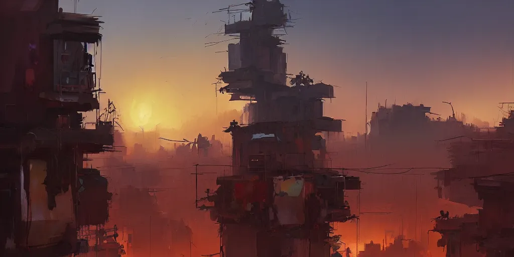 Prompt: Ian McQue Lee painting of a cyberpunk African favela, hazy sunset with dramatic clouds, asymmetrical, trending on Artstation, High quality image