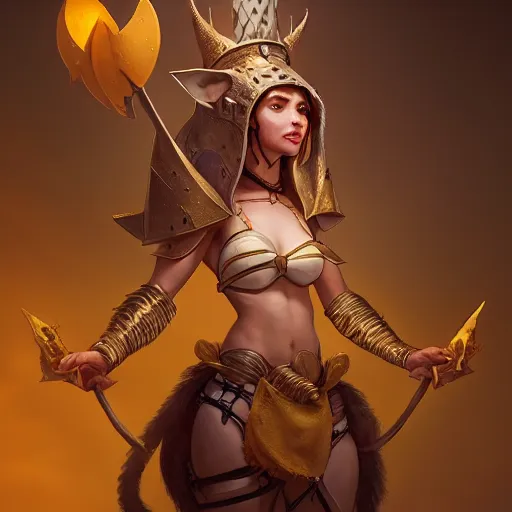 Prompt: rat princess with seductive smile, wears a chees armor, by greg rutkowski, design for magic the gathering, highly detailed, octane render, 4 k