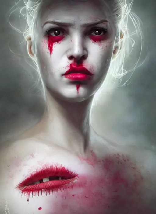 Image similar to portrait of sinister girl with pouty aerochrome lips, skeksis, unforgivable, cute bandaid on nose!!, expressive eyes, full body, deathly skin, greg rutkowski, charlie bowater, yuumei, stephen gammell, unreal 5, daz, hyperrealistic, octane render, rpg portrait, dynamic lighting, fantasy art, beautiful face