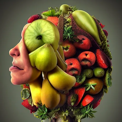 Image similar to giuseppe arcimboldo, fruits, unreal engine, new scifi movie