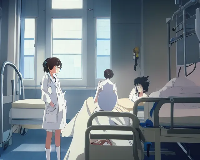 Image similar to a cute young female doctor wearing white coat are talking to a little body in a hospital, slice of life anime, anime scenery by Makoto shinkai