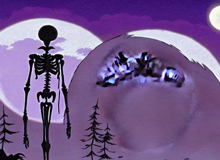 Prompt: a still from a studio ghibli movie of a purple cloaked skeleton necromancer from princess mononoke ( 1 9 9 7 ), in front of a pale full moon, full body, wide shot, very dull muted colors, studio ghibli, highly detailed, deviantart, art by artgem