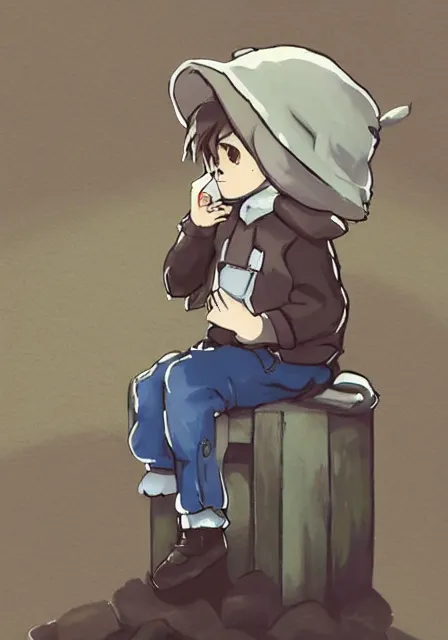 Prompt: beautiful little boy wearing sheep suit using a smartphone while sitting on chair, gray, blue, green and brown pallet color. made in abyss art style, inspired in kris from deltarrune, cute detailed artwork, anatomically correct, soft details, ilya kuvshinov, reflection