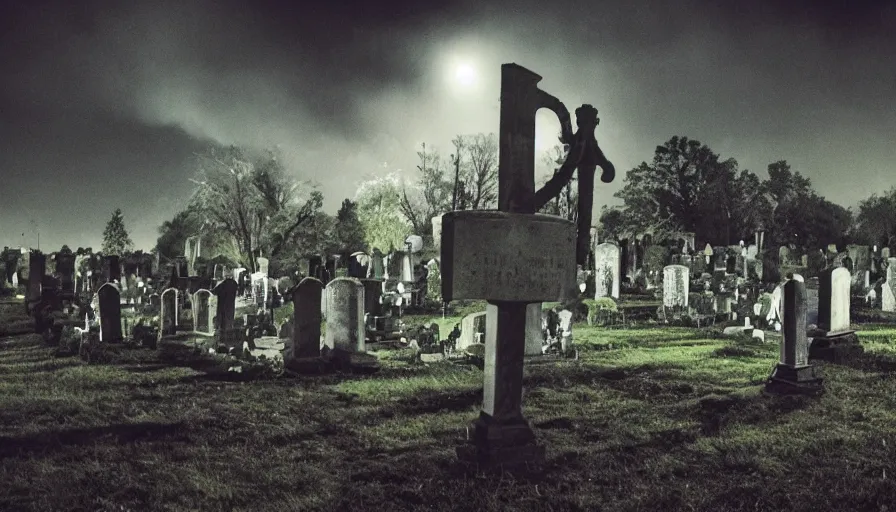 Image similar to Big budget horror movie set in a graveyard at night, where a satanic cult summons a demonic octopus