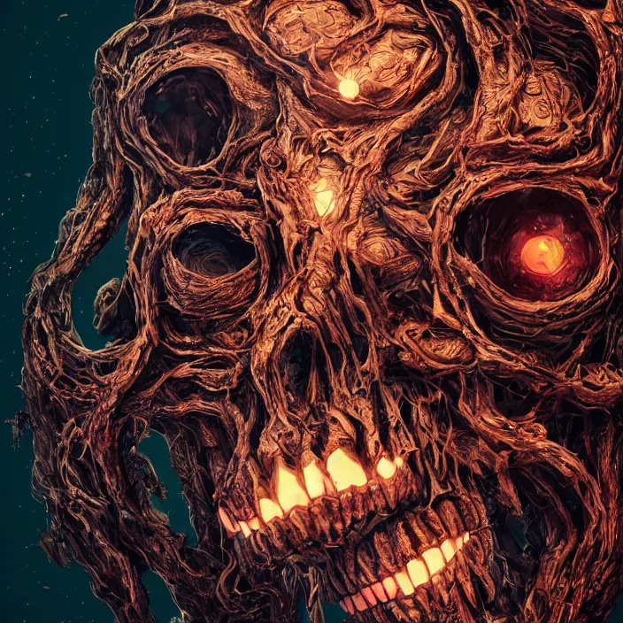 Prompt: portrait of a glowing skull. razor sharp teeth. infected with zombie fungus. intricate abstract. intricate artwork. nightmare fuel. by Tooth Wu, wlop, beeple, dan mumford. octane render, trending on artstation, greg rutkowski very coherent symmetrical artwork. cinematic, hyper realism, high detail, octane render, 8k, iridescent accents