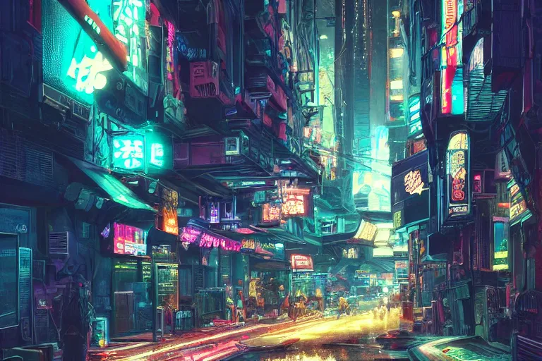 Image similar to bustling neon cyberpunk street, nighttime!!, illustrated by ricardo bofill, greg rutkowski, and amano yoshitaka, trending on artstation, golden ratio!!!, centered!!!, unsplash!!!!, cgsociety contest winner, zbrush!!!, 4 k, 8 k