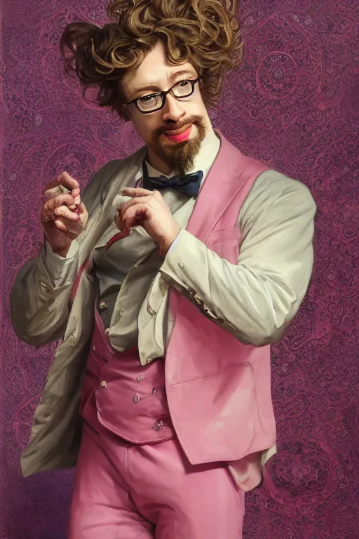 Prompt: Sam Hyde wearing a luxurious pink 3 piece suit, highly detailed, digital painting, artstation, concept art, sharp focus, unreal engine 5, art by  Peter Mohrbacher alex ross and greg rutkowski and alphonse mucha, baroque ornament details, vivid colors, high details, cinematic, 8k resolution, beautiful detailed, photorealistic, digital painting, artstation, concept art, smooth, sharp focus, illustration, fantasy background, artstation trending, octane render, unreal engine