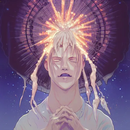 Image similar to god covered in bleach, with rhinestone eyes, covered in paralytic dreams, future pixels, illustration trending on artstation, anime. by hayao miyazaki and rossdraws and artgerm and greg rutkowski and alphonse mucha and studio ghibli and ilya kuvshinov. high quality, stunning, intricate detailed environment. 8 k