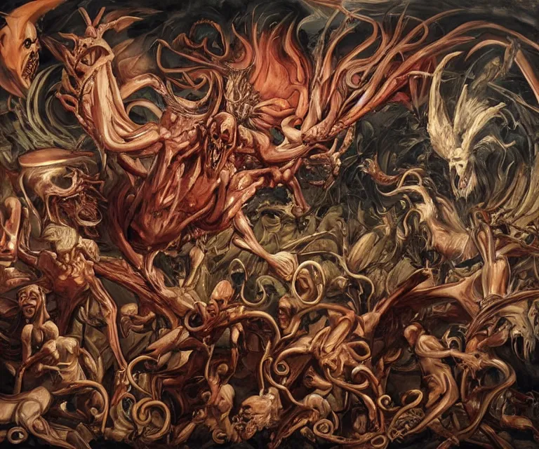 Prompt: elegant renaissance painting of rooster final boss bodybuilder vecna battle, art by alex ross and peter mohrbacher, epic biblical depiction, flesh and bones, fangs, teths and tentacles, corpses and shadows!
