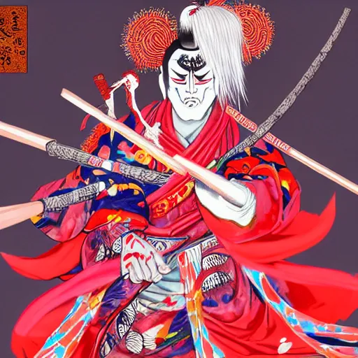 Prompt: an insane kabuki warrior wielding a spear while emitting a distorting psychedelic aura of madness, intricate hakama, red wig, crossed eyes, hazy atmosphere, high energy, trending on artstation, detailed concept art,