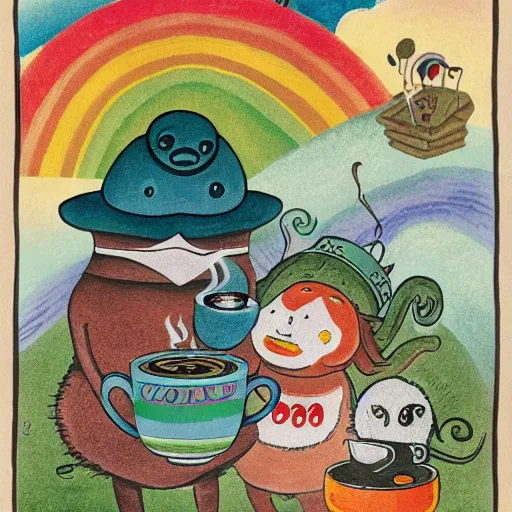 Image similar to a coffee advertisement with friendly monsters dancing around beautiful steaming cups of coffee, amongst coffee beans and flowers, and rainbows in the style of Japanese illustration, Maurice Sendak, Tove Jansson, high definition