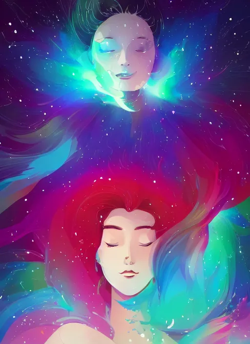 Image similar to a beautiful woman with rainbow hair floating in space. her hair becomes a nebula. clean cel shaded vector art. shutterstock. behance hd by lois van baarle, artgerm, helen huang, by makoto shinkai and ilya kuvshinov, rossdraws, illustration, art by ilya kuvshinov