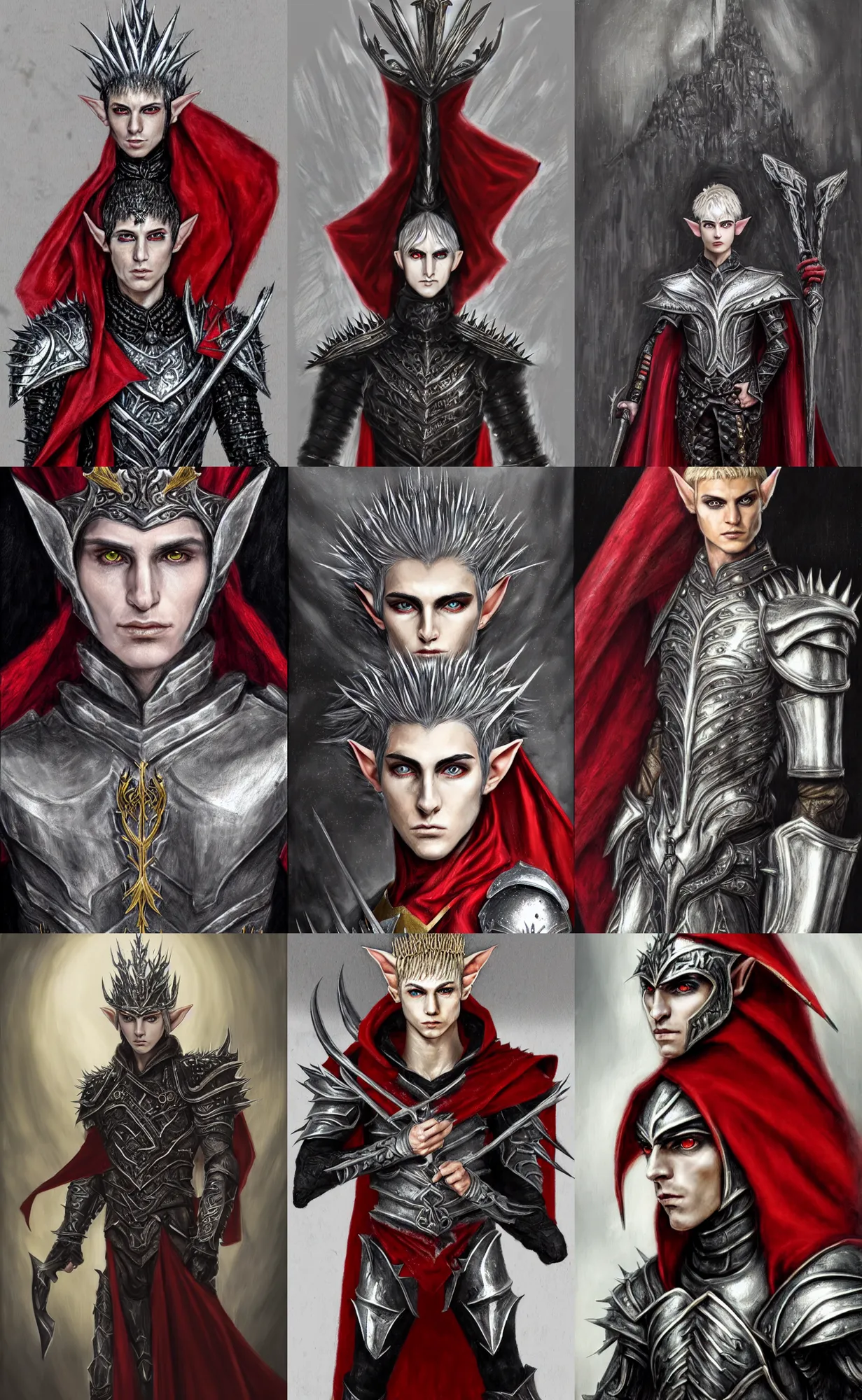 Prompt: A portrait of a male elf, 20 years old, short silver hair, red eyes, wearing a spiked black metal tiara, wearing black heavy armor with gold trim, wearing a red cape, lean but muscular, attractive, command presence, royalty, weathered face, smooth, sharp focus, illustration, concept art, highly detailed portrait, muscle definition, fantasy painting, ArtStation, ArtStation HQ