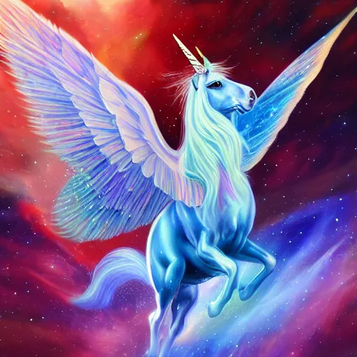 Prompt: an iridescent unicorn with translucent wings frolicking in a field of marijuana, a nebula is in the sky, oil painting, fantasy art, concept art, highly detailed, high quality, 8 k, masterpiece