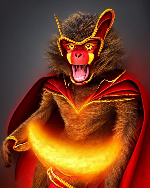 Image similar to fury art, an anthro monkey wearing a large cape and a fantasy armor, fire, fiery background, 3 d, 8 k, extremely detailed, trending on furaffinity, trending on artstation, award winning, sharp focus, illustration