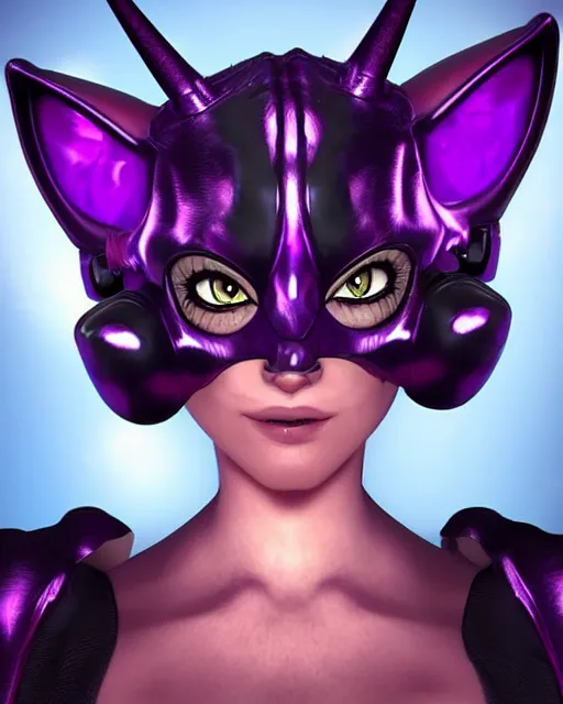 Image similar to gorgeous catgirl alien with horns instead of ears holding a laser rifle, futuristic, sci-fi purple fur, photorealistic CGI