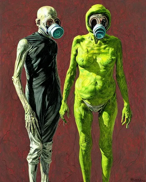 Image similar to two skinny old people with extra limbs, wearing gas masks and robes of gold, green and pink, during a biohazard apocalypse, cinematic, dystopian, eerie, horror, gothic, highly detailed painting by Jenny Saville, Esao Andrews, Francis Bacon, !!!Edward Hopper!!! surrealism, art by Takato Yamamoto and !, !!James Jean!!!