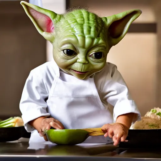 Image similar to tiny and innocent baby yoda appears as a chef wearing a white chefs hat and apron in a beautiful kitchen, preparing some food