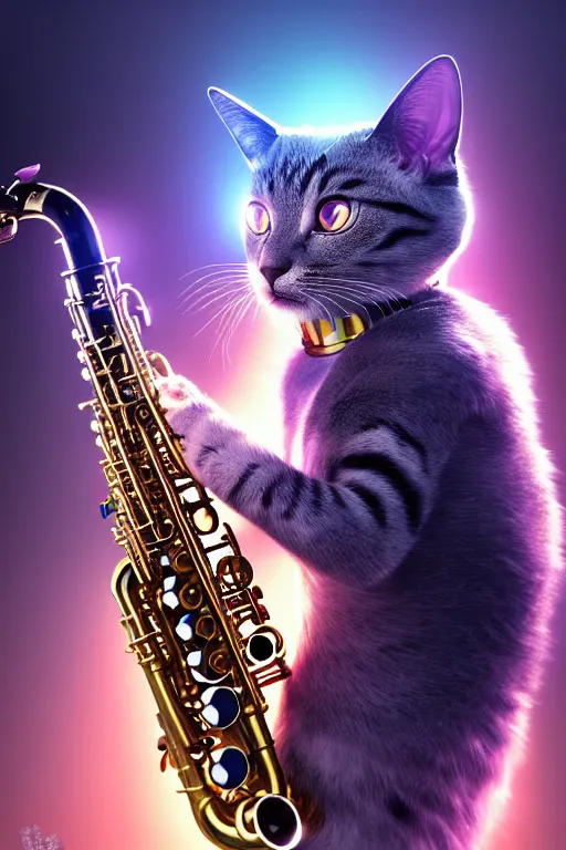 Image similar to high quality 3 d render very cute cyborg cat plays saxophone, cyberpunk highly detailed, unreal engine cinematic smooth, in the style of blade runner & pixar, hannah yata charlie immer, moody light, low angle, uhd 8 k, sharp focus