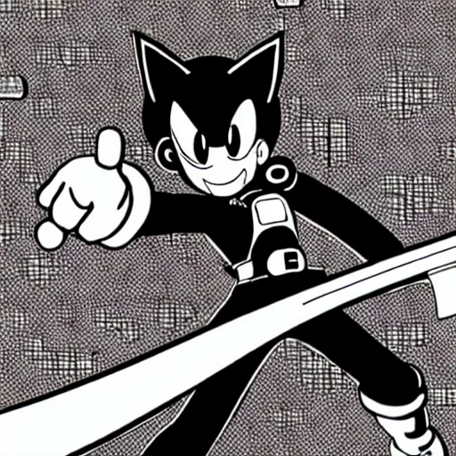 Image similar to hyper metal sonic pointing a katana sword at super mario, in a highly detailed manga style illustration, dark, cyberpunk, dystopian