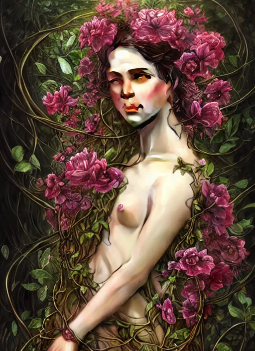 Prompt: beautiful full body portrait of a great fairy, wrapped with vines and flowers, esoteric, d & d, dark surreal fantasy, cinematic lighting, intricate, elegant, highly detailed, digital painting, artstation, concept art, matte, sharp focus, illustration, art by artgerm and tom bagshaw and greg rutkowski and alphonse mucha