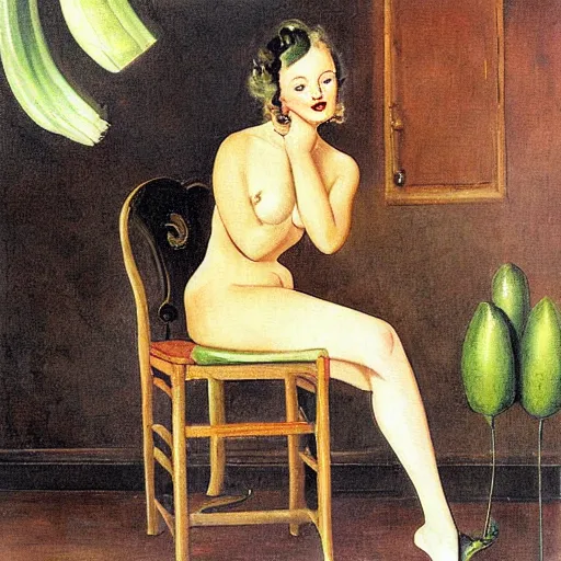 Image similar to A very beautiful painting of a leek sitting on the chair by Enoch Bolles and Gil Elvgren