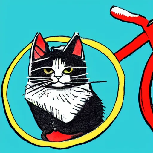 Prompt: a cat is riding a bike. the bike is blue. the cat is red