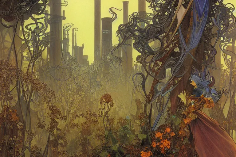 Prompt: morning autumn medievil tall crumbling smokestacks with mushroom clouds lightening in the background by alphonse mucha, rodney matthews, trending on artstation.