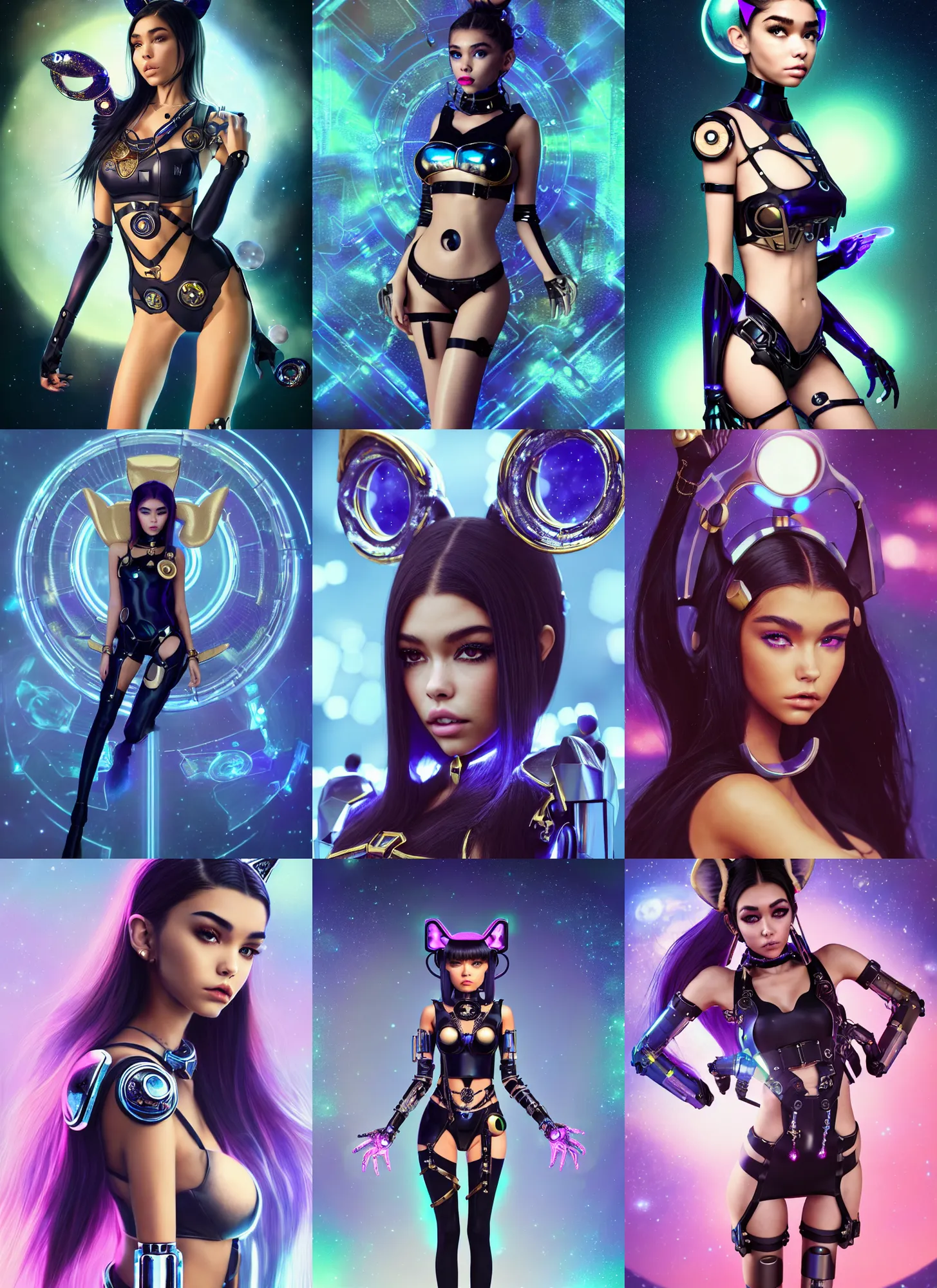 Prompt: madison beer as an edc catgirl cyborg | space buns, obsidian jewelry | glamorous oily soft polished rich enticing ornate modern | weta disney movie still photo | hi - fructose, sci fi fantasy, geometric golden ratio details, smooth, octane render, sharp focus, artstation, concept art, illustration | rutkowski, artgerm, mucha, |