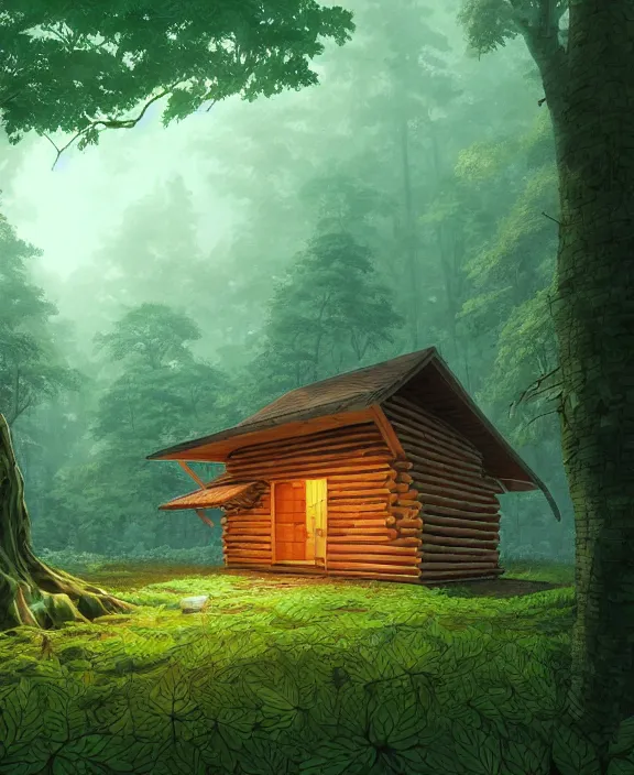 Image similar to a large, simple, cabin made from leaves, overgrown with huge exotic fungus, deep in the woods, sun drenched, partly cloudy, by dan mumford, yusuke murata, makoto shinkai, ross tran, cinematic, unreal engine, cel shaded, featured on artstation, pixiv