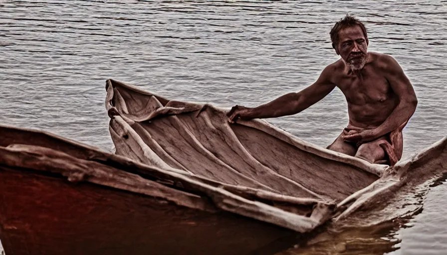 Image similar to a man in a barque made of flesh on a blood river, leica sl 2, heavy grain, high quality, high detail, in color