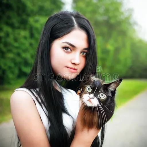 Image similar to a girl with long dark hair and a side part holding a cat in her arms, a stock photo by juan villafuerte, pexels contest winner, high quality photo, rtx, hd, shiny eyes, rasquache, a renaissance painting by sailor moon, anime, anime aesthetic