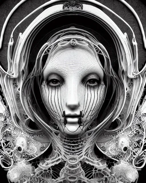 Image similar to mythical dreamy black and white organic bio-mechanical spinal ribbed profile face portrait detail of translucent steampunk beautiful female angelic-human-queen-vegetal-cyborg, highly detailed, intricate trnaslucent ivy jelly ornate, poetic, translucent roses ornate, 3D render, digital art, octane render, 8K artistic photography, photo-realistic, by Dora Maar