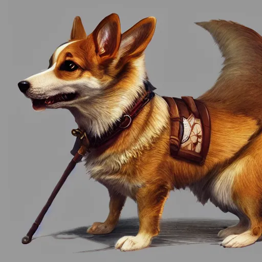 Prompt: d & d corgi character, corgi thaumaturgist, fantasy, magical, mystical, hyperrealistic, intricate, extremely detailed digital illustration, greg rutkowski, artgerm, trending on artstation, 8 k