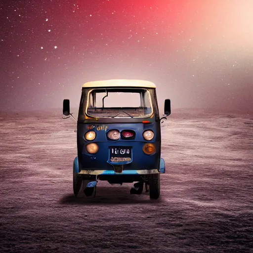 Image similar to a dark blue bajaj tuk tuk traveling on the surface of the moon, moon craters, night sky, milky way, hard lighting, matte painting, concept art, 4k