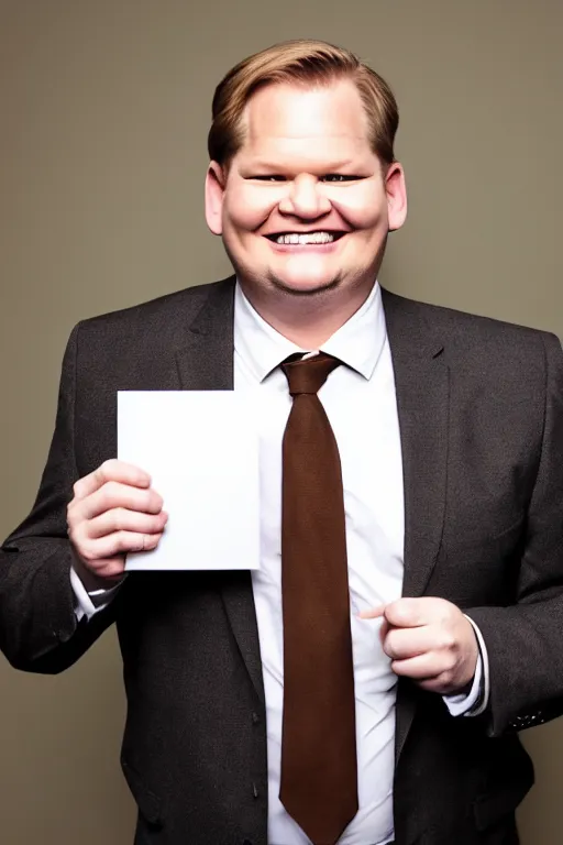 Image similar to full body shot, andy richter wearing a brown suit and necktie and black work boots, ultra hd photo, 3 5 mm close up, fish eye, realistic, smiling, holding a postcard from chicago,
